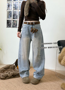 牛仔裤 9008冬季 气质百搭加绒加厚配腰带挂件显瘦弯刀裤 韩版 女 新款