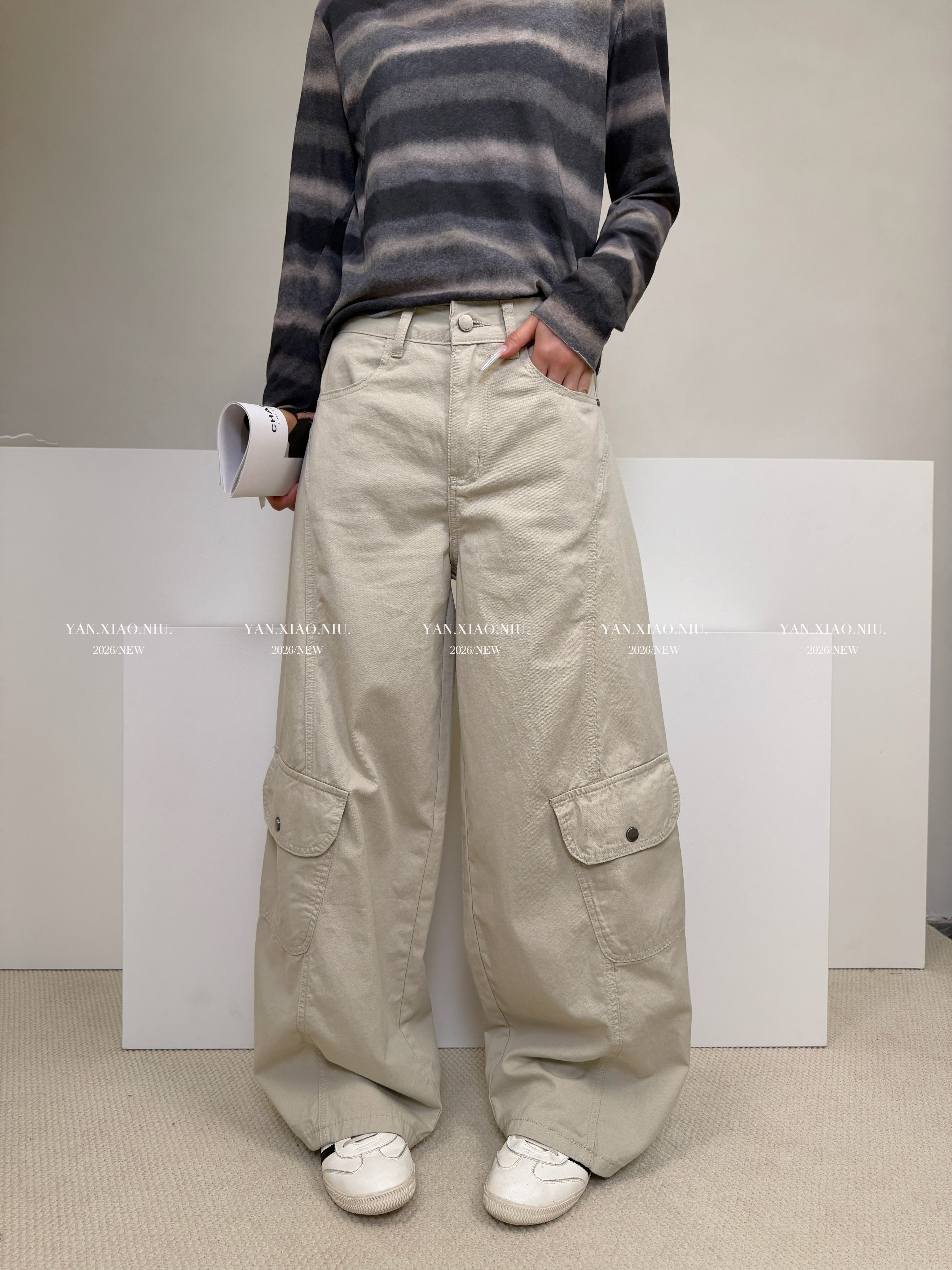 97030韩版设计感口袋工装裤女夏季新款宽松显瘦弯刀长裤子休闲裤