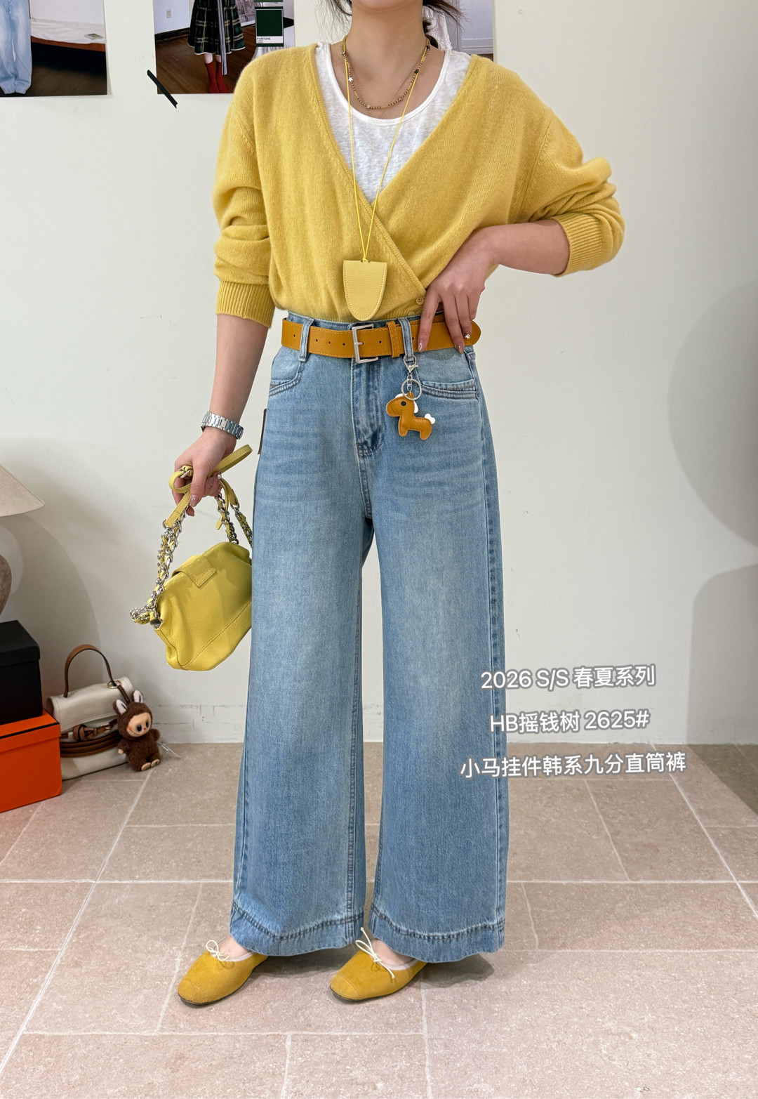 2625春季新款小马挂件腰带韩版气质百搭显瘦九分直筒裤休闲牛仔裤