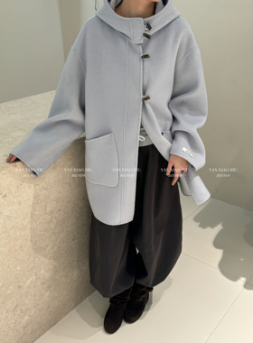 8121韩版气质百搭宽松显瘦连帽牛角扣双面羊毛大衣中长款毛呢外套