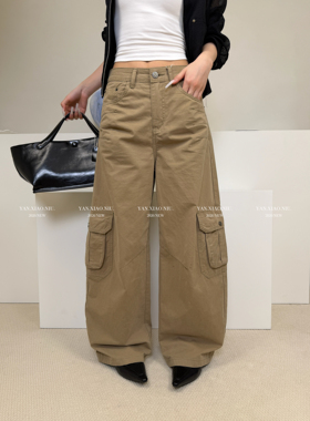 57028夏季新款韩版气质百搭高腰显瘦口袋设计感阔腿裤休闲长裤女