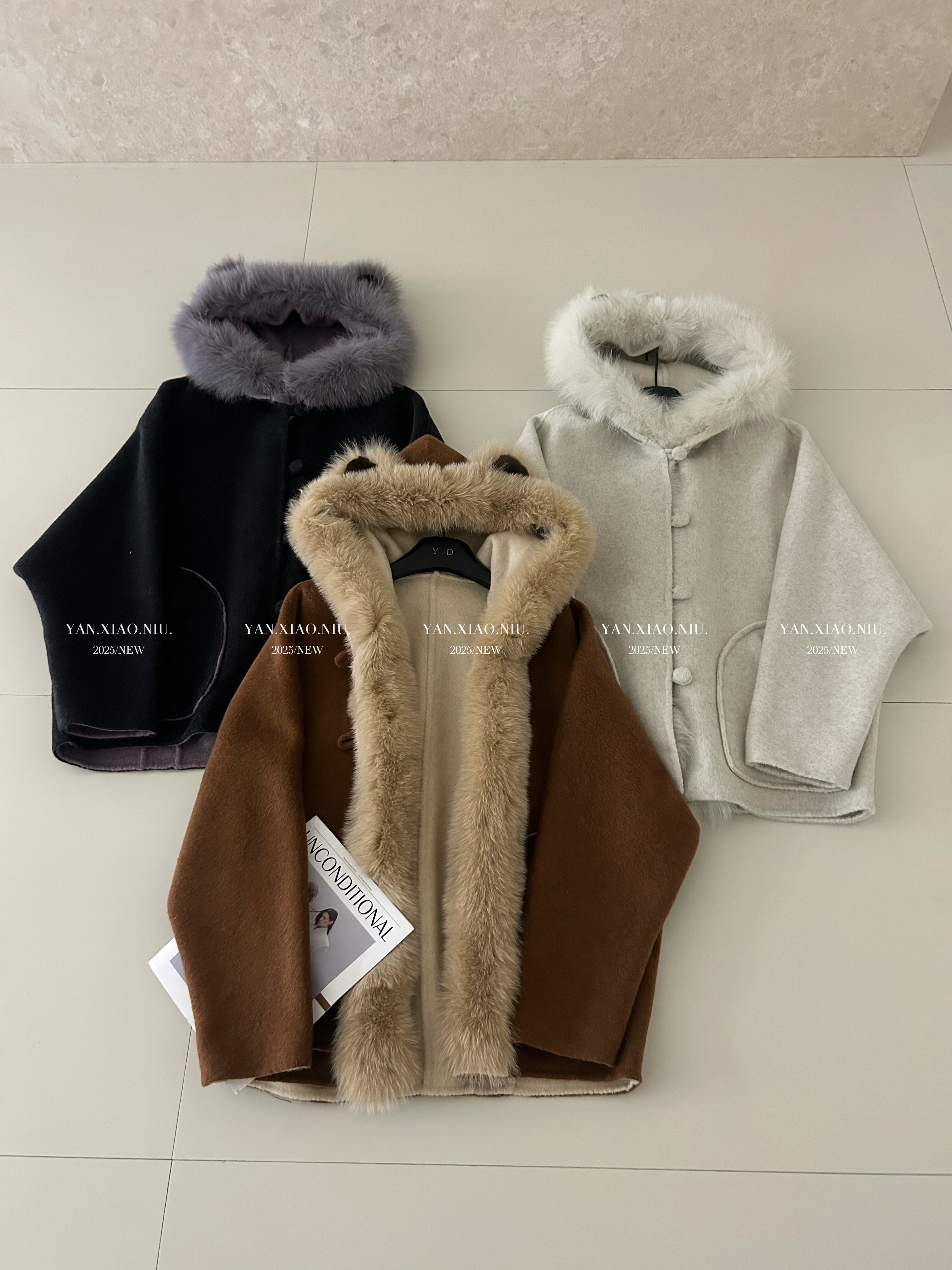 8582-56卡哇伊软萌小熊连帽狐狸毛领双面羊毛大衣宽松毛呢外套女