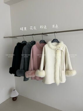 6116-61韩版气质百搭狐狸毛蝴蝶结双面羊毛大衣中长款毛呢外套女