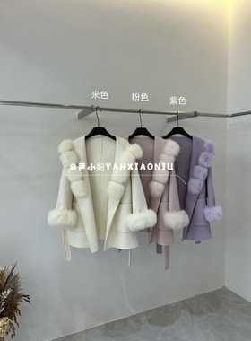 2601-78冬季韩版气质真毛领连帽系带显瘦双面羊毛大衣毛呢外套女