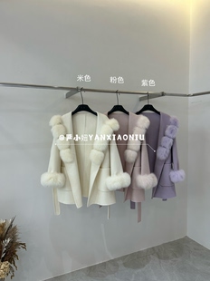 2601-78冬季韩版气质真毛领连帽系带显瘦双面羊毛大衣毛呢外套女