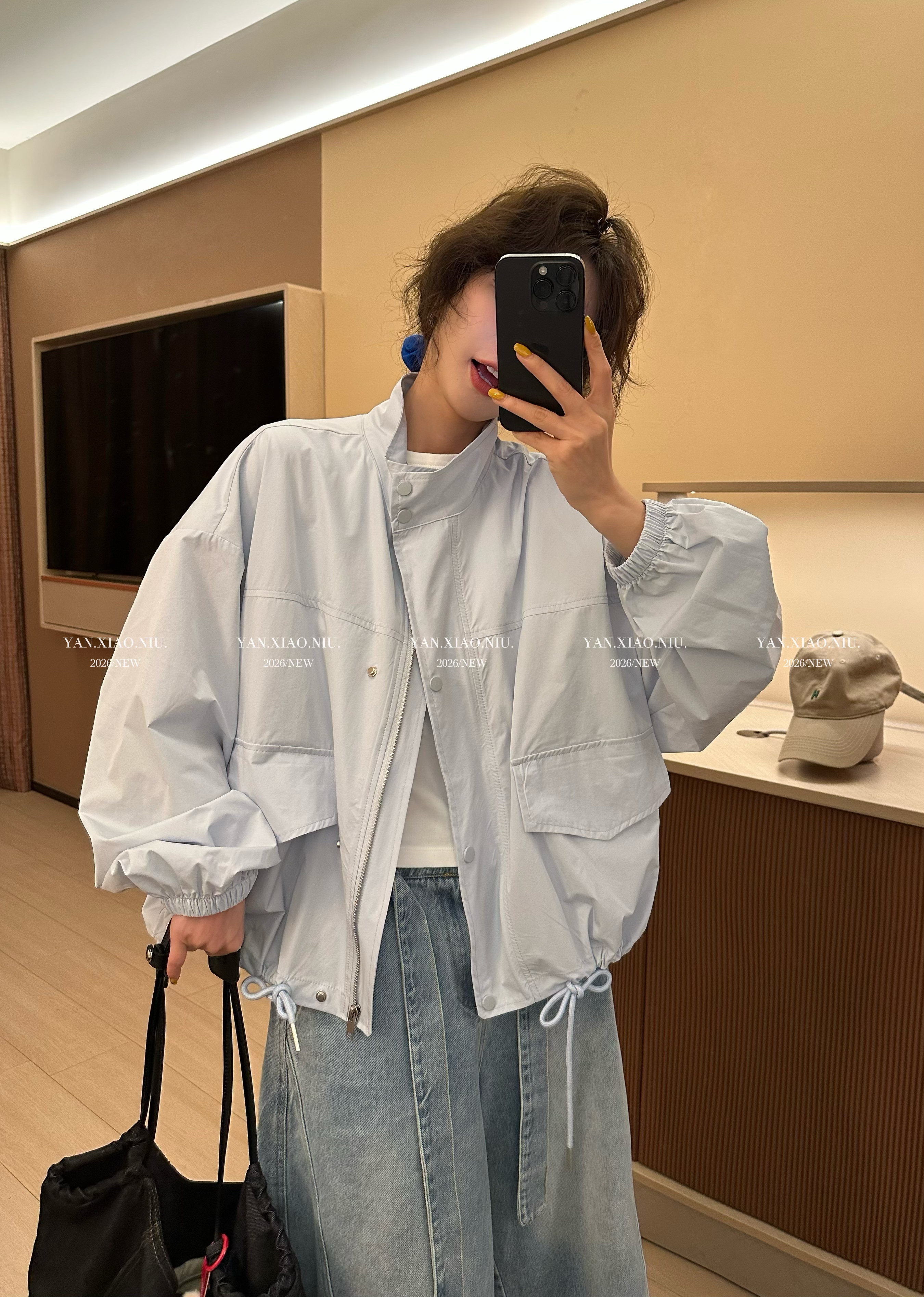 26038春夏新款韩版气质百搭宽松显瘦抽绳设计感立领防晒外套上衣