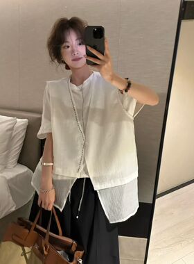 26063欧货不对称无袖拼纱马夹设计感明线V领宽松显瘦薄款马甲