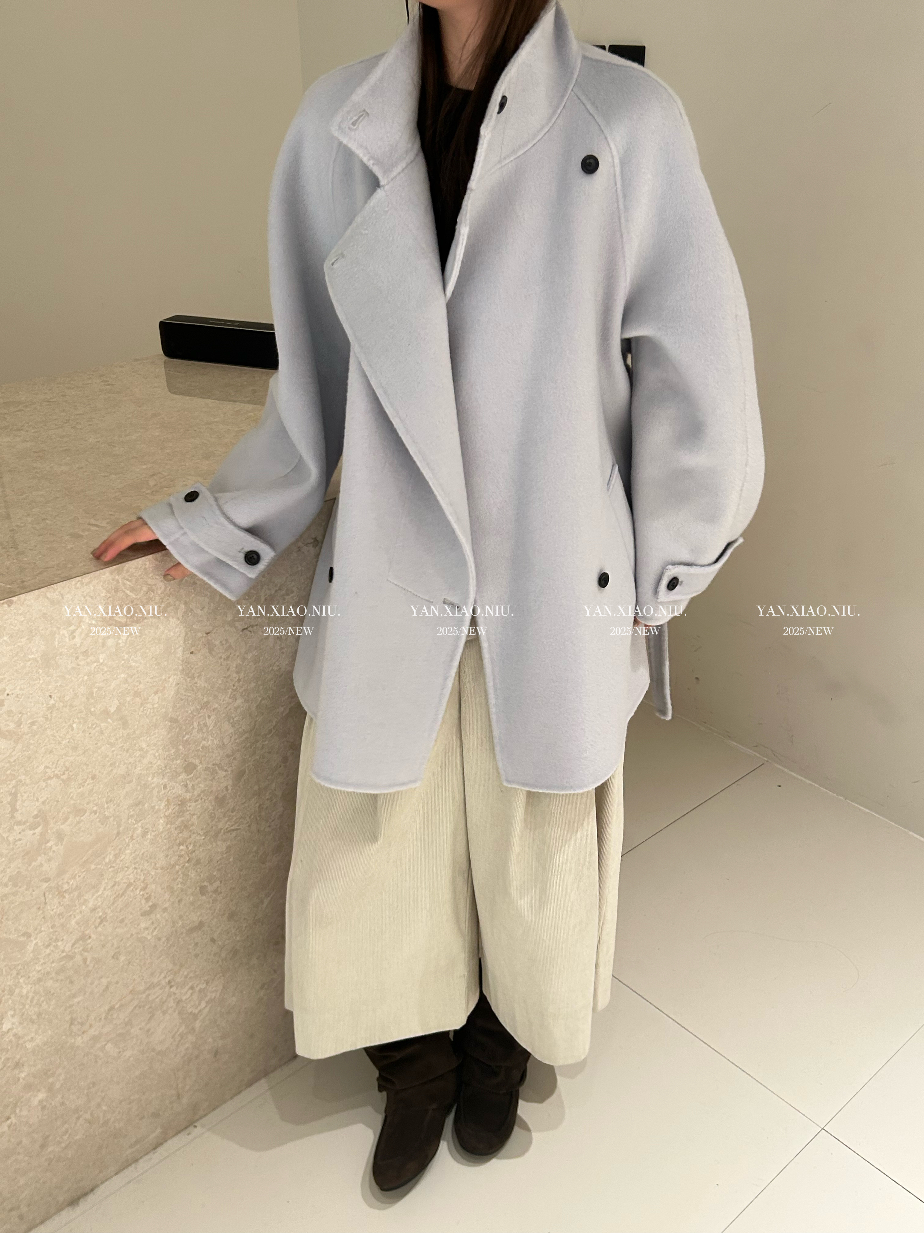 8103韩版百搭气质宽松显瘦双面羊毛大衣立领系带中长款毛呢外套女