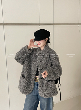 6678冬季新款韩版气质百搭宽松显瘦牛角扣皮毛一体立领毛毛外套女