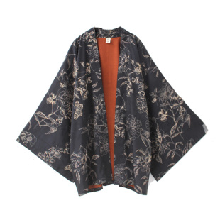 袁落落/女装 花萝提花日系复古改良和风中长款外套开衫小振袖羽织