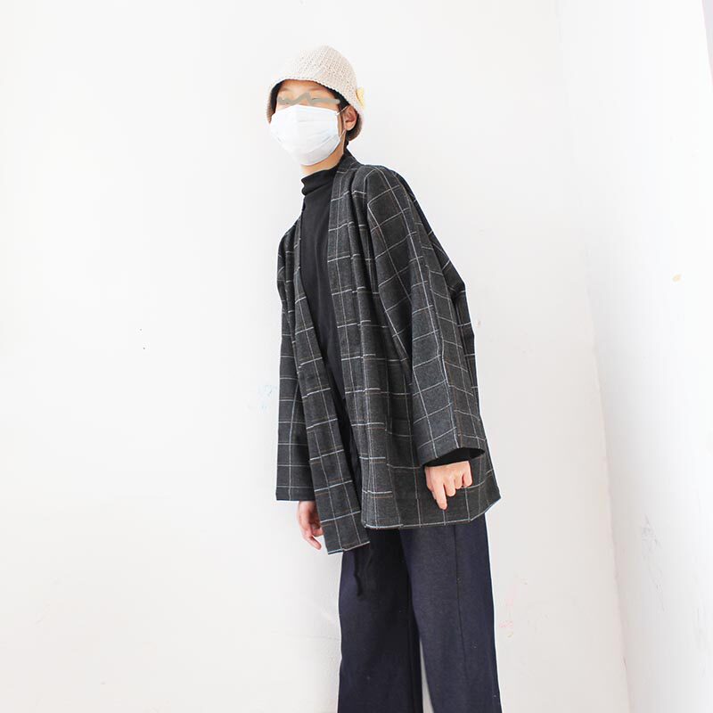 袁落落/女装 日式和风改良薄毛呢长袖中长款宽松和服女装外套格子