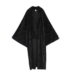 袁落落/女装 竹韵丝绒日式改良和风长款外套开衫小振袖羽织外套黑