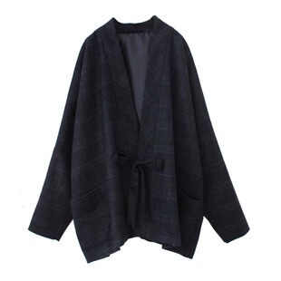 袁落落/女装  改良宋制对襟短衫汉服飞机袖宽松毛呢格子外套秋冬