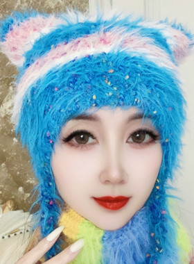 新款韩版仿水貂毛绒帽子女冬季保暖显脸小护耳毛线帽可爱猫咪帽潮