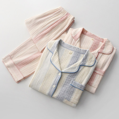 女纯棉纱布透气条纹春夏家居服