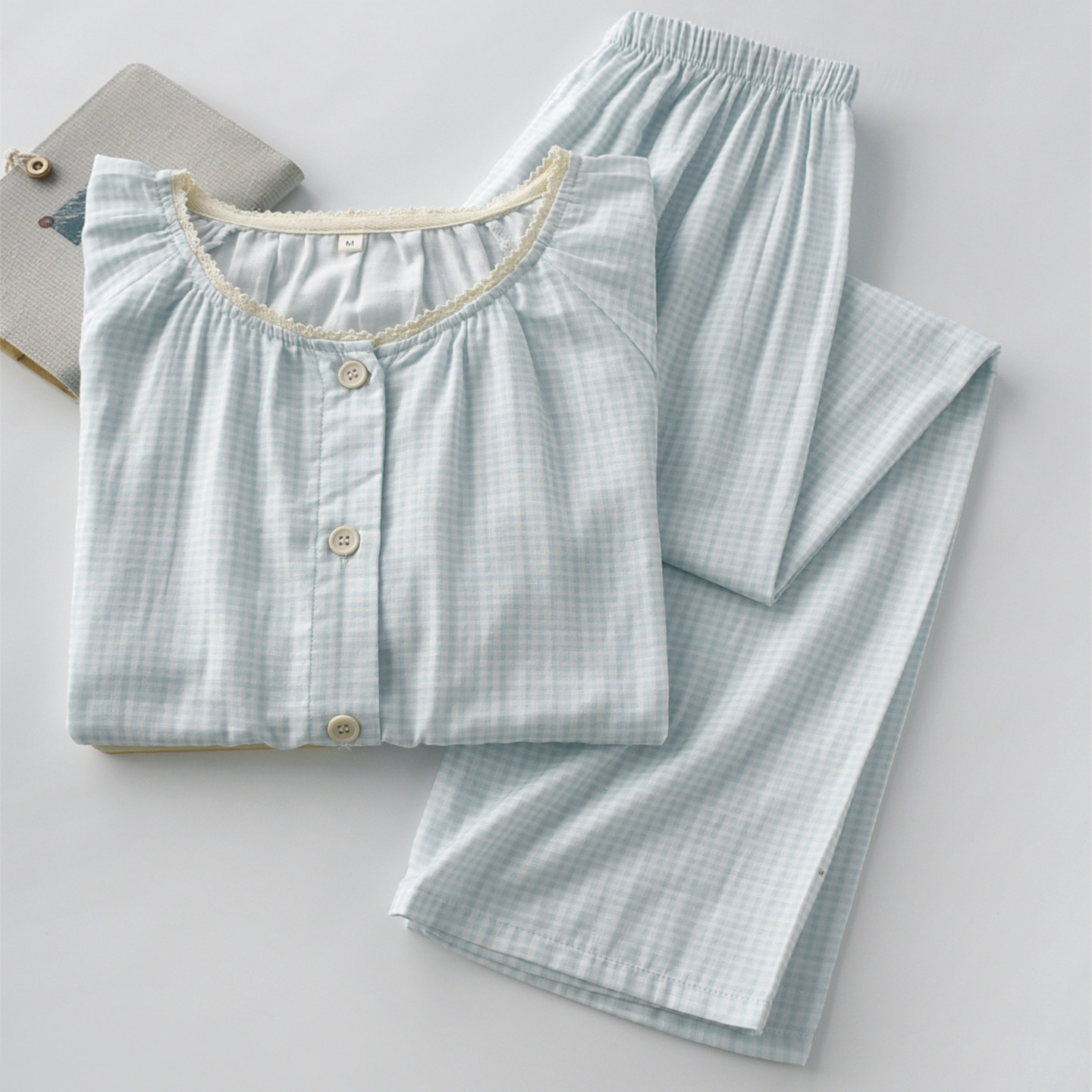 简约千鸟格子花边睡衣女士春夏季纯棉双层纱布长袖长裤家居服套装