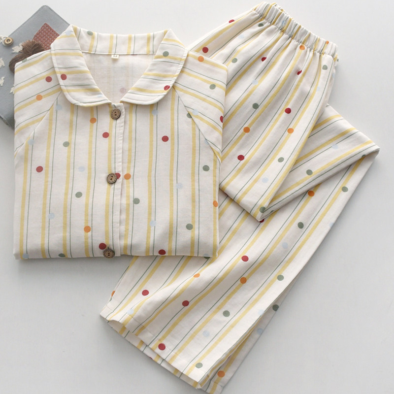 彩点条纹甜美睡衣女春秋夏季纯棉纱布双层薄款长袖长裤家居服套装