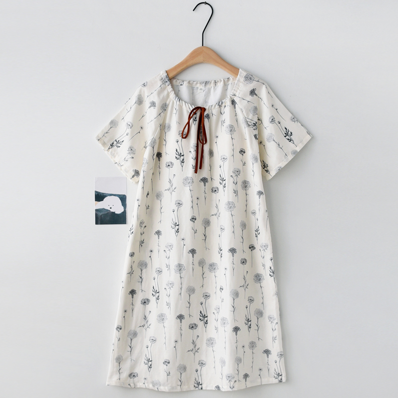 纯棉纱布夏季带胸垫印花短袖睡裙