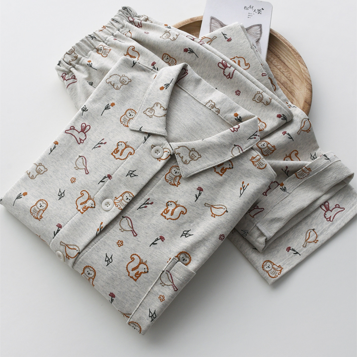 动物卡通衬衫领睡衣女款春秋季纯棉针织长袖长裤开衫家居服套装