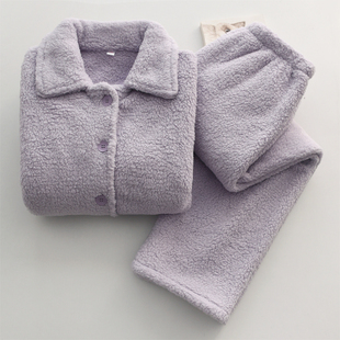 家居服套装 简约小方领睡衣女秋冬季 羊羔绒珊瑚绒加厚保暖加绒长袖