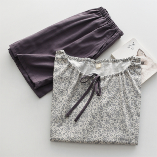 家居服套装 印花碎花睡衣女夏季 背心短裤 宽松无袖 纯棉纱布双层薄款