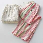 家居裤 多巴胺印花睡裤 宽松系绳长裤 纯棉纱布双层薄款 女士春秋夏季