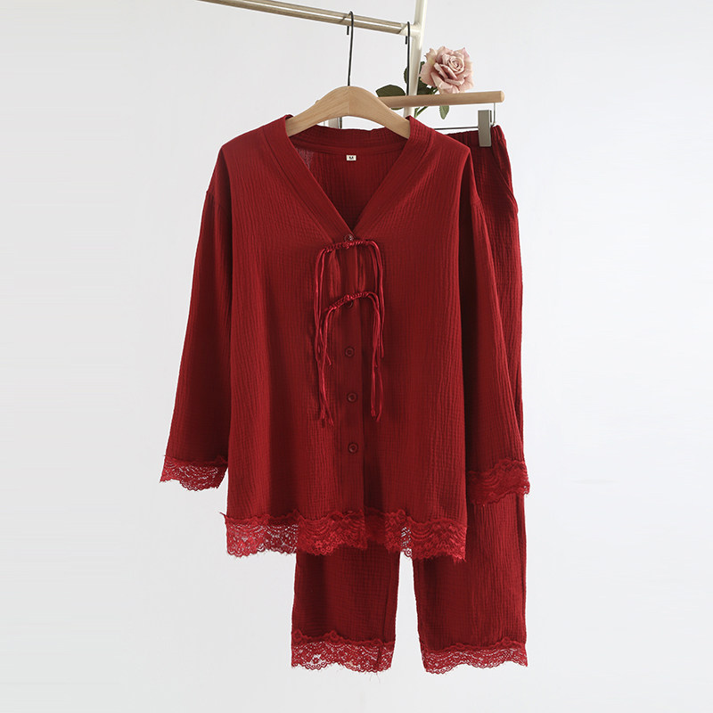本命年新年红色国风睡衣女士春秋夏季纯棉纱布薄款长袖家居服套装