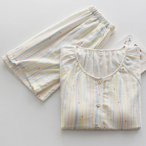 女纯棉纱布带胸垫短袖短裤家居服