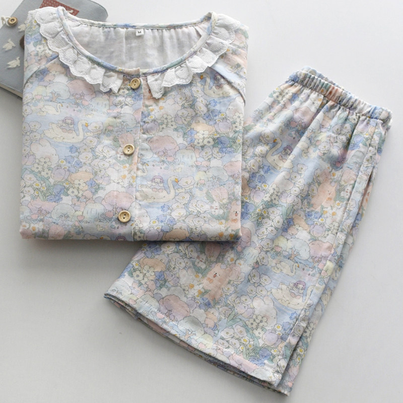天鹅湖印花甜美花边睡衣女士夏季纯棉纱布薄款短袖短裤家居服套装
