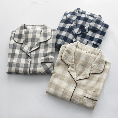 情侣纯棉磨毛绒布格子无印风睡衣