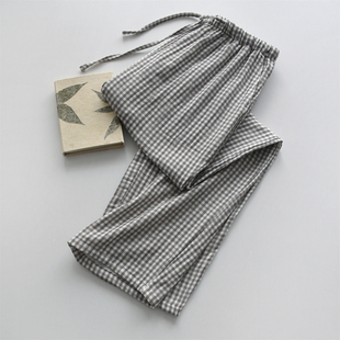 可外穿情侣家居裤 简约格子睡裤 长裤 纯棉纱布双层薄款 男女春夏季