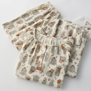 情侣家居服套装 卡通眼镜熊慵懒睡衣男女夏季 短裤 短袖 纯棉纱布薄款