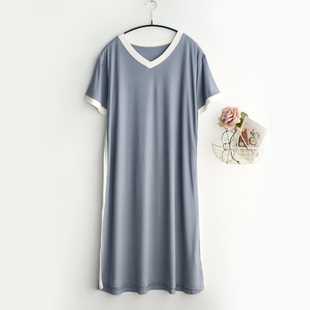 莫代尔暗纹家居服睡衣 简约系 珠家美绪撞色短袖 睡裙女士夏季 薄款