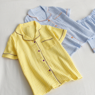 家居服套装 ins格子睡衣女夏季 短裤 宽松吸汗透气短袖 纯棉纱布薄款