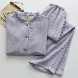 春夏季 家居服套装 纯棉亚麻薄款 长裤 宽松透气长袖 木耳领边睡衣女款