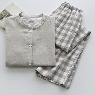 格子睡衣男女款 家居服套装 春夏季 宽松长袖 纯棉纱布薄款 无印风AB款