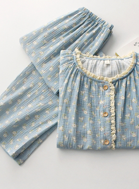 甜美花边蓝色印花睡衣女士春夏季纯棉纱布薄款宽松长袖家居服套装