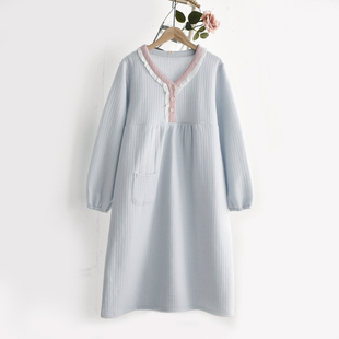 甜美拼接花边睡裙女秋冬季 家居服睡衣裙子 纯棉空气层夹棉保暖长袖