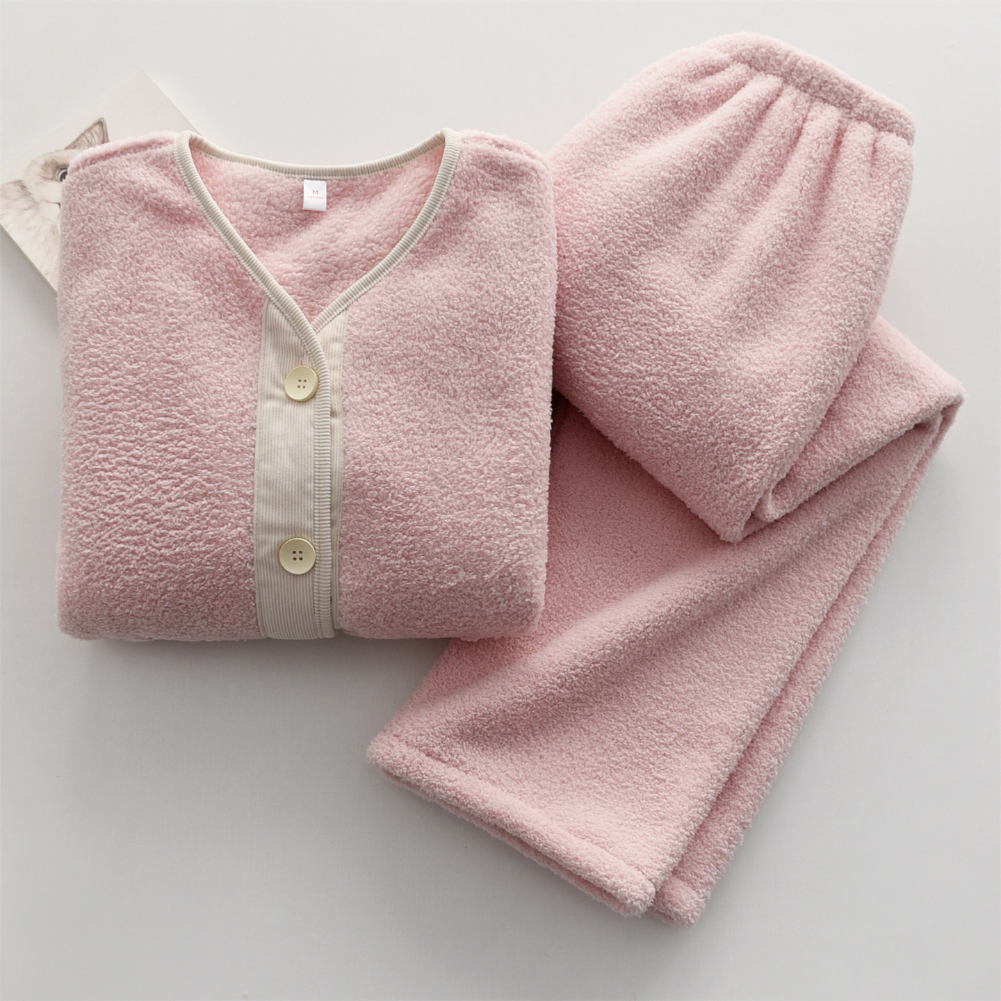 V领螺纹包边拼接睡衣女秋冬季珊瑚绒加厚保暖加绒长袖家居服套装,女士内衣/男士内衣/家居服,睡衣/家居服套装,淘宝优惠券,粉丝福利购,淘宝优惠卷