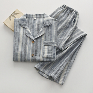 春夏季 家居服套装 纯棉纱布双层薄款 开衫 宽松长袖 简约条纹睡衣女款