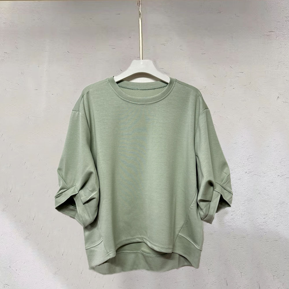夏季新款时尚韩版前短后长泡泡袖宽松圆领上衣灯笼袖设计女装T恤