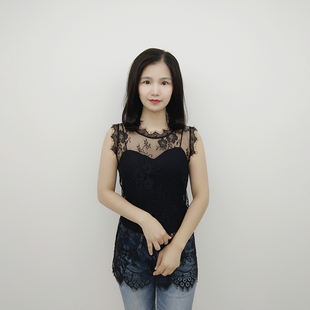 2022夏季女装韩修身睫毛蕾丝衫镂空圆领网纱透视中长款上衣打底衫
