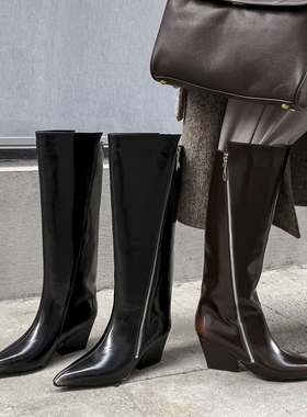 整双牛皮 Literary尖头粗跟骑士靴女2025冬季高筒靴侧拉链长靴子