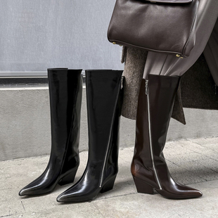 整双牛皮 Literary尖头粗跟骑士靴女2025冬季高筒靴侧拉链长靴子
