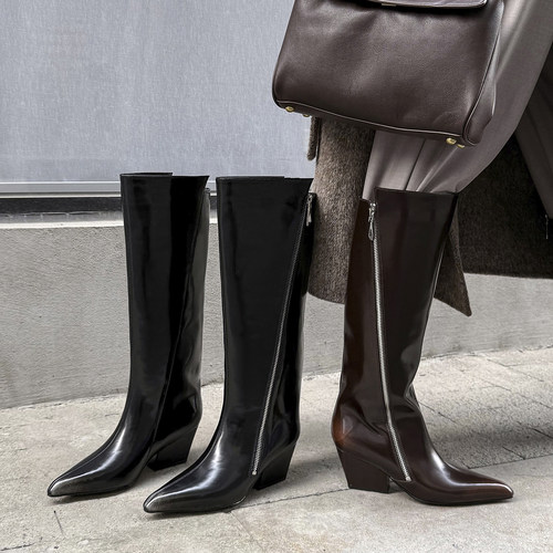 整双牛皮 Literary尖头粗跟骑士靴女2025冬季高筒靴侧拉链长靴子