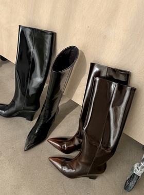 店主强推 Simcoe高街长靴子全牛皮真皮坡跟高跟尖头套筒高筒靴女