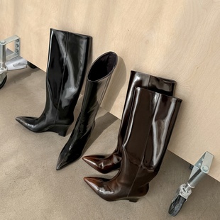 店主强推 Simcoe高街长靴子全牛皮真皮坡跟高跟尖头套筒高筒靴女
