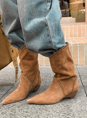 时髦腿精 Elegan真皮牛皮中筒靴子短靴女圆头粗跟女靴子中靴瘦瘦