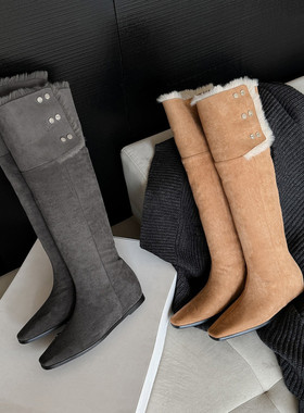 巨巨保暖 Literary翻折麂皮高筒长靴女靴子内增高加厚方头内增高