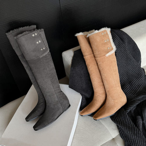巨巨保暖 Literary翻折麂皮高筒长靴女靴子内增高加厚方头内增高